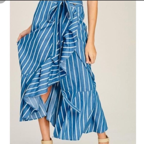 Listicle Dresses & Skirts - LISTICLE Blue Stripe Ruffle Wrap Maxi Skirt